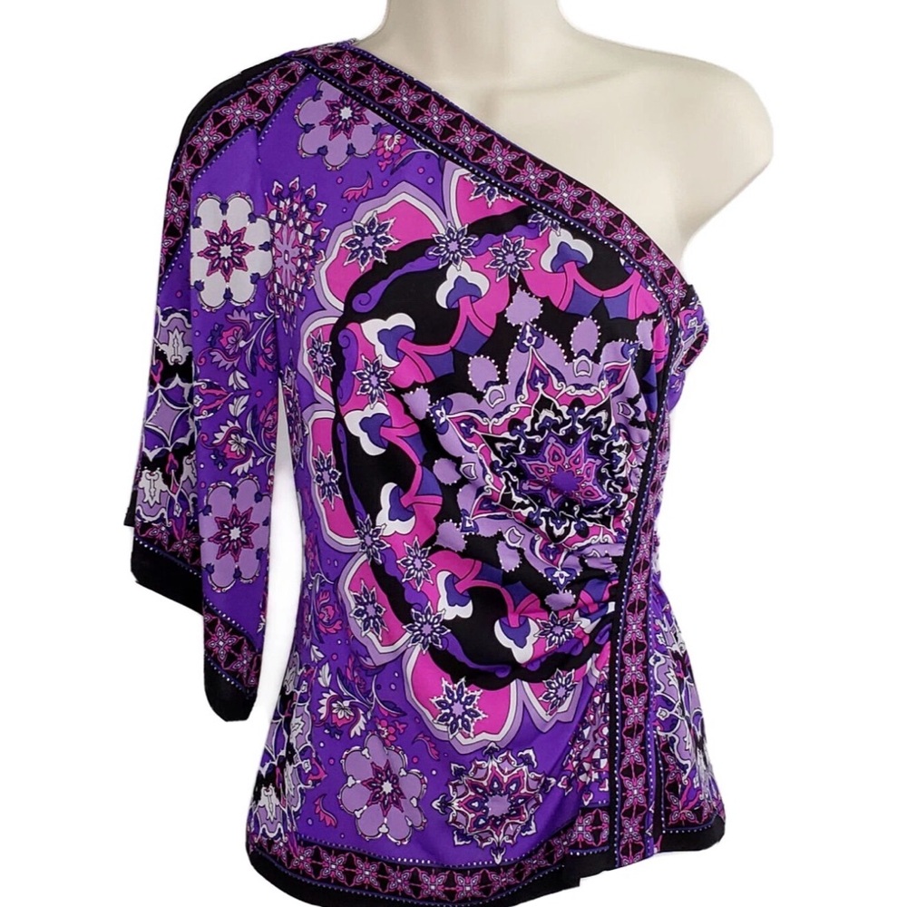 Caché One Shoulder Purple Pink Boho Print Draped Statement Blouse Size S